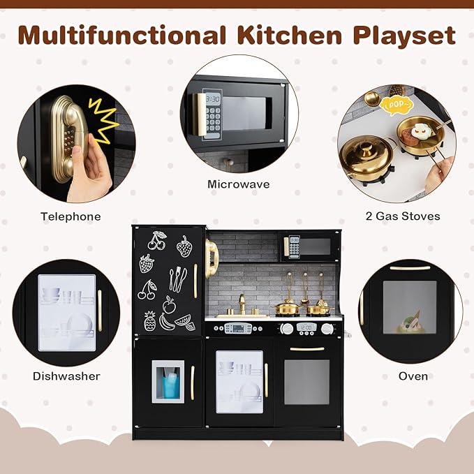 HONEY JOY Kids Kitchen Playset, Wooden Little Chef Pretend Toy Kitchen Set w/Chalkboard, Telephone, Utensils, Oven, Microwave, Sink, Storage, Play Kitchen for Toddlers Boys Girls, Black