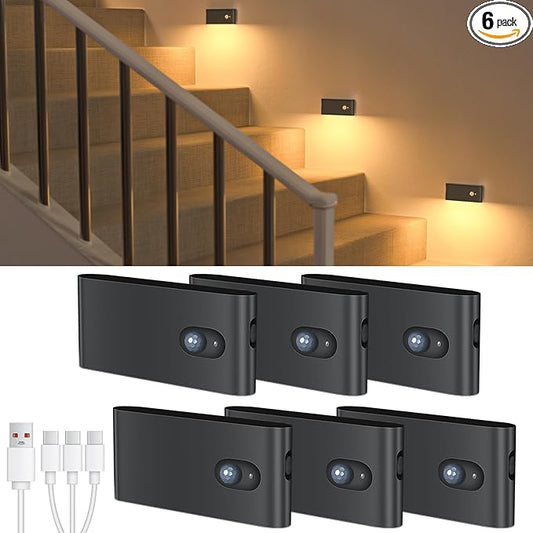 WILLED Rechargeable Night Light, Wireless Stair Lights Indoor, Warm White Motion Sensor Light Indoor, Stick-Anywhere, Battery Powered Night Light for Hallway, Stairway, Bathroom, Bedroom, 6 Pack