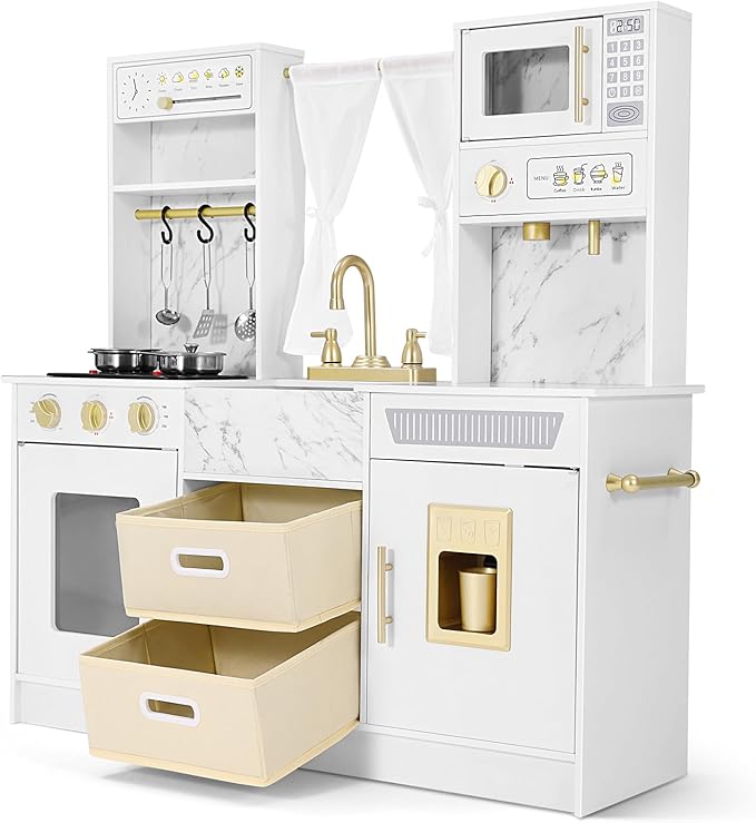 JOYLDIAS Play Kitchen, Wooden Kids Play Kitchen Playset Chef Pretend Play Set for Toddlers w/Ice Cube Dispenser, Oven, Cooking Accessories,Trendy Home Style w/Curtains, Storange Box, Gift for Ages 3+