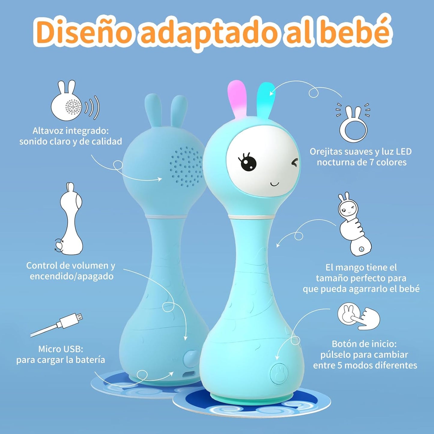 alilo Sonajero Musical para Bebés 0-12 Meses, Juguete con Luz, 66 Sonidos, 15 Canciones, 13 Cuentos, 5 Canciones de Cuna, Ruido Blanco, Reconocimiento de Colores, Regalo Recién Nacido