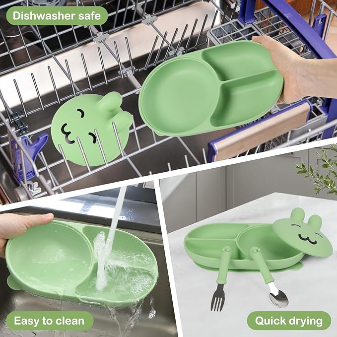 Silicone Baby Plate,Self-feeding of infants after weaning, 100% Food Grade Silicone, BPA Free, 3 Compartments Separated Including Fork and Spoon, Non-Slip With Suction Cups, Toddler plates (green)