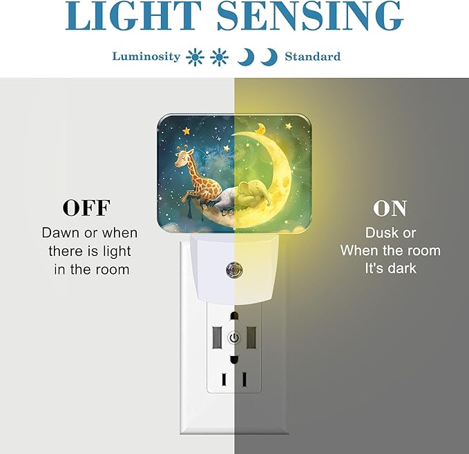 Cute Giraffe and Elephant Sleeping On Moon Night Light for Kids, LED Night Light Plug into Wall with Dusk to Dawn Sensor for Girls Boys Women Men Room, Hallway, Kitchen, Bathroom, Stairs Decor