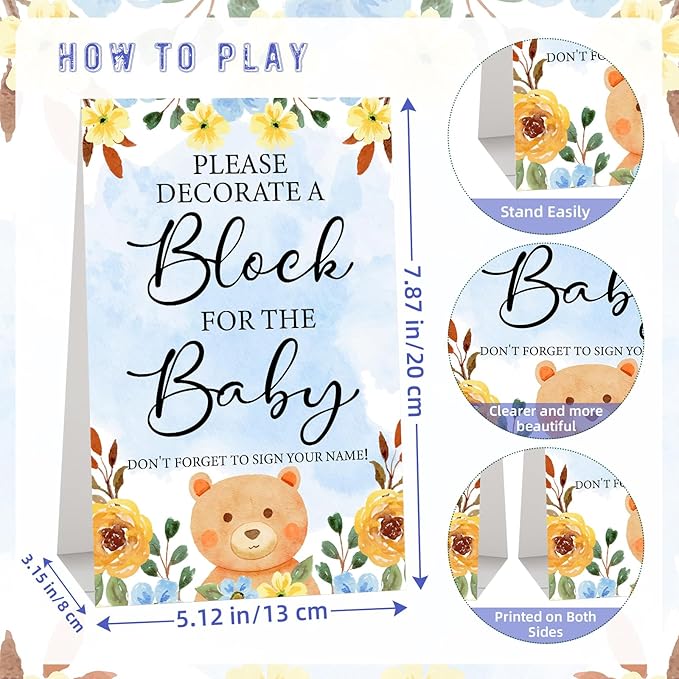 117 Pcs Baby Shower Blocks to Decorate Game Kit Includes 52 Wooden Blocks 24 Markers 1 Game Sign 40 Templates to Paint (Blue Bear)