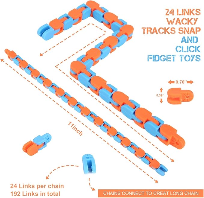 8Pcs 24Links Fidgets Wacky Tracks Fidget Toys for Kids Classroom Students Gifts School Stocking Stuffers Plastic Sensory Autism Snap Fidget Click Snake Toys for Adults Travel Stress Relief 11inch