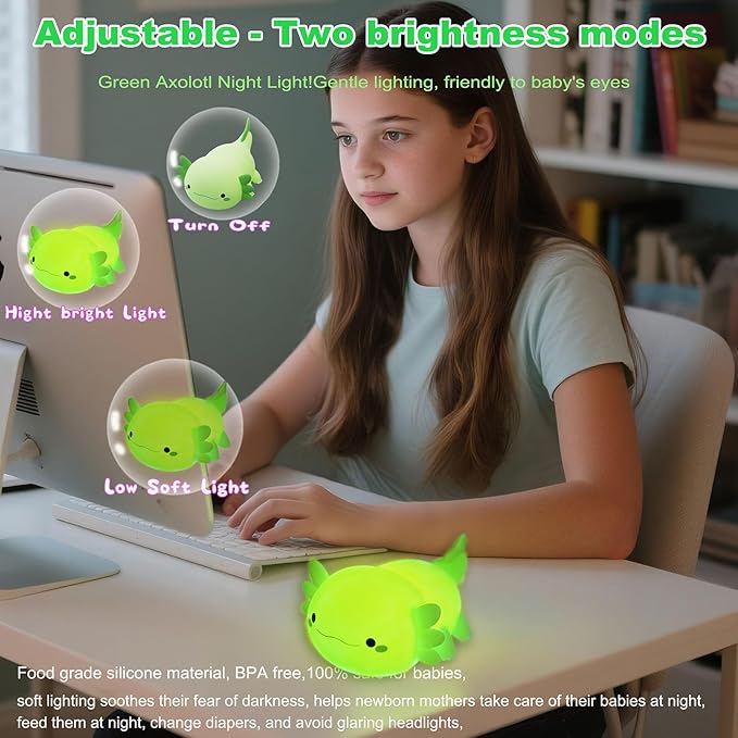 HAPPYBAG Axolotl Night Light,Cute Axolotl lamp Gifts for Kids,Dimmable Silicone Animal Nursery Night Light,Kawaii Rechargeable Bedside Touch Lamp,Baby Room Decor Axolotl Light