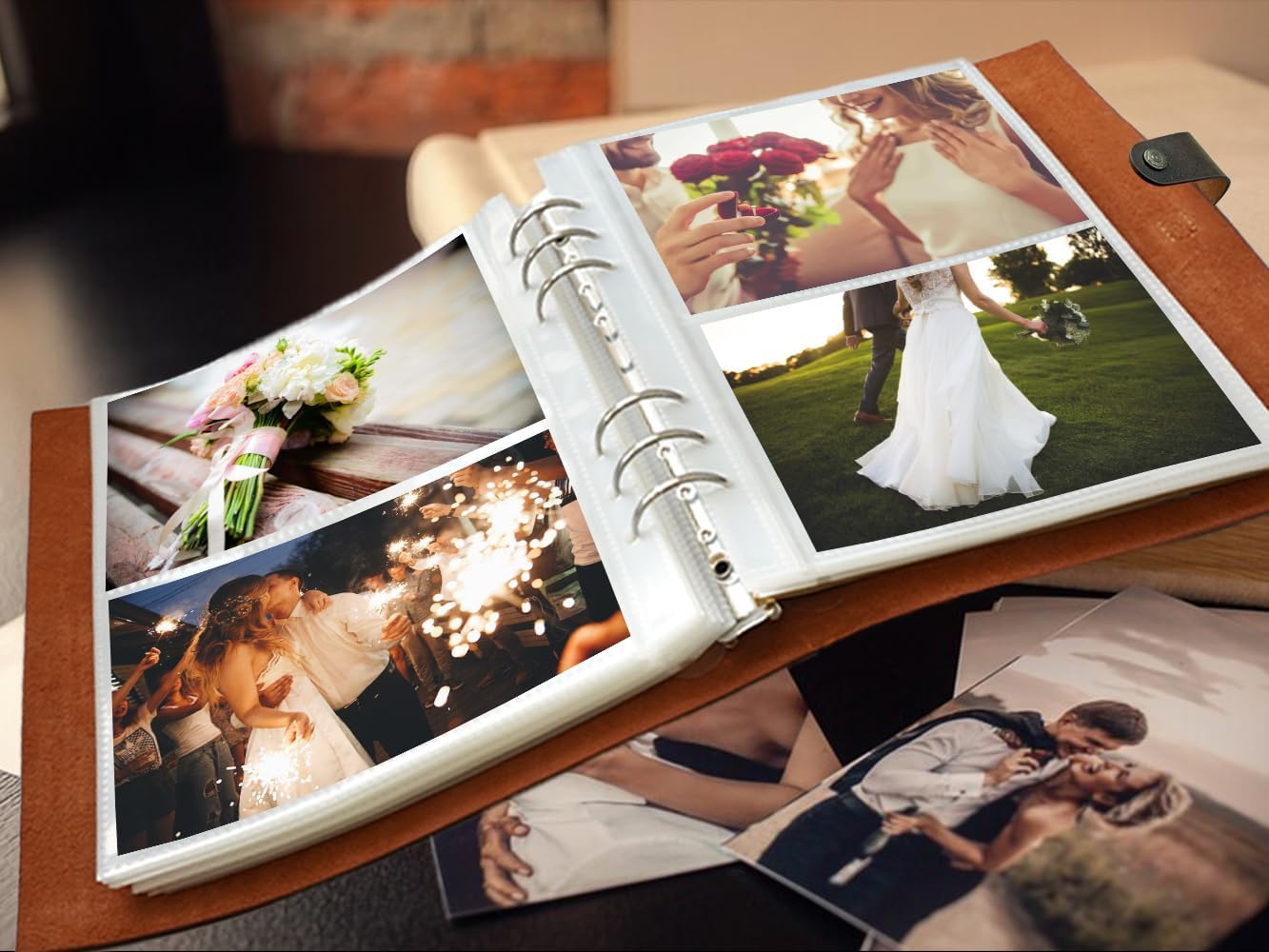 Genuine Leather Photo Album 4x6 for 300 Photos, with Writing Space of 40 Writing Paper, Binder Pocket, Travel Family Wedding Kids Graduation Ultrasound Baby Picture Album Scrapbook, Brown