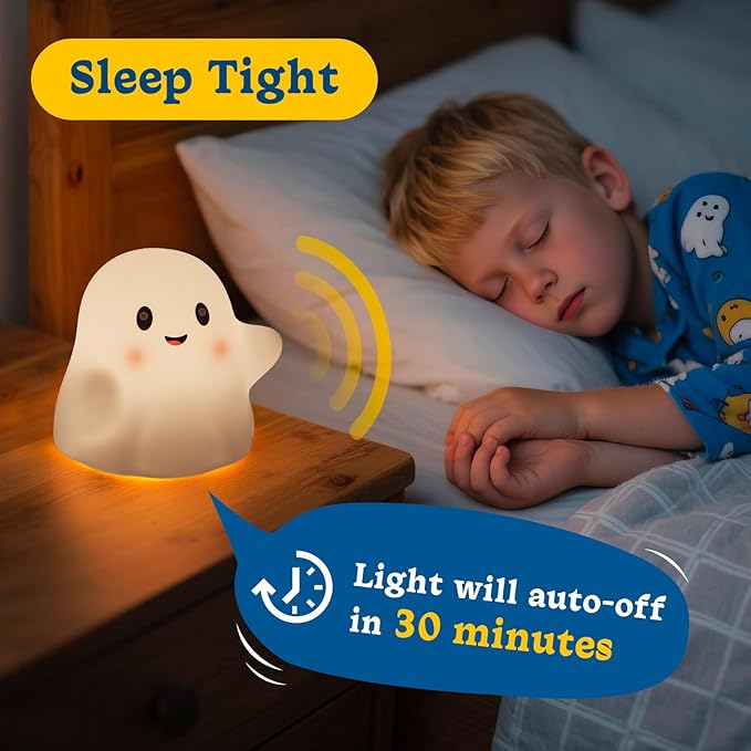 Rechargeable Night Light for Kids, RGB Ghost Night Lights 30-Min Timer/9 Sounds/9 Sleep Music/Touch Sensor, Multi-Color Silicone LED Night Lamp for Bedroom Nursery Room Christmas Decor