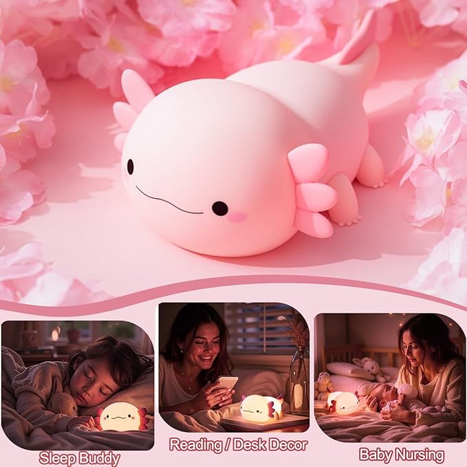 Axolotl Lamp, Axolotl Cute Night Light Gifts, Rechargeable Bedside Nightlight, Dimmable Squishy Silicone Animal Touch Lamp, Baby Room Decor, Pink Night Light for Kids Teens Girls Lovers