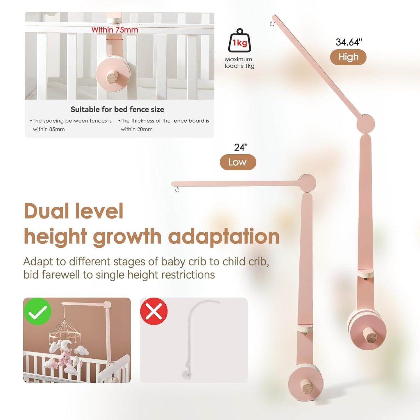 HI BABY MONMENT Crib Mobile Arm - Baby Mobile Hanger with 2-Height Settings Adjustable, Stabilizing Attachment for Added Safety, Mobile Arm for Crib, Sturdy & Secure Design for Nursery Mobile