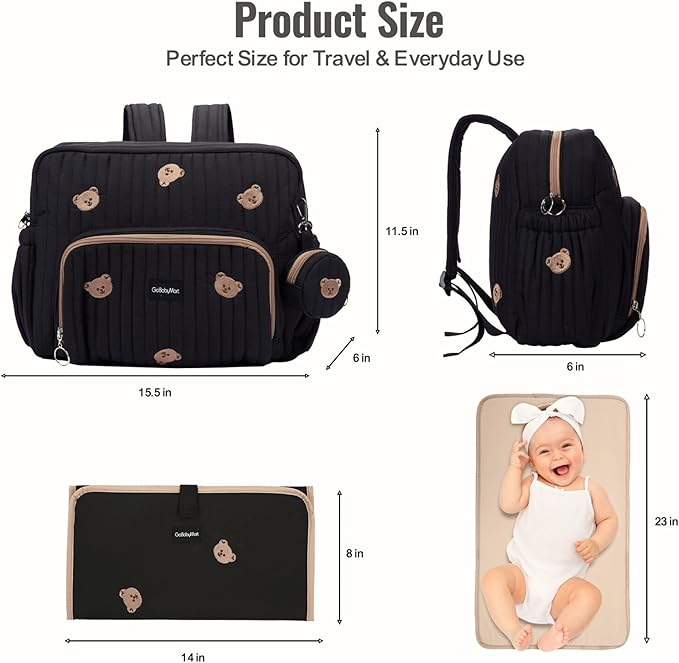 Diaper Bag Backpack, Medium Maternity baby bag & Changing Pad, Insulated Pockets, Stroller Straps & Pacifier Case (Medium - Black Bears)
