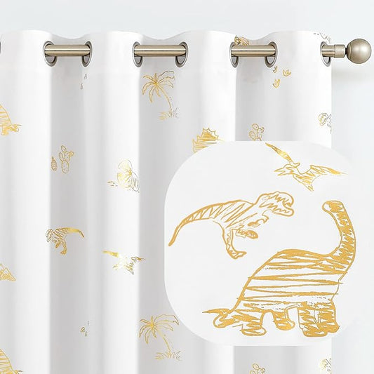 Vangao Kids Curtains White Drapes Dinosaur Curtains for Boys Kids Nursery Girls Room Golden Dino Foil Print Light Filtering Grommet Top Window Drapes 84 Inches Length 2 Panels