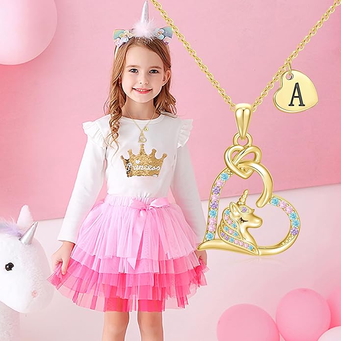 C-leen Unicorn Necklaces Gifts for Girls, 14K Gold Plated Colorful CZ Heart Initial Pendant Unicorn Necklaces for Girls Teens Jewelry Birthday Gifts