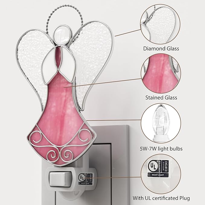 Night Lights Plug Into Wall Stained Glass 7W Plug in Night Light Dusk to Dawn 3000K Warm White Nightlight Switch-On/Off for Adult Kids Room Bathroom Hallway Kitchen Non-Dim (Pink Angel 5" H)