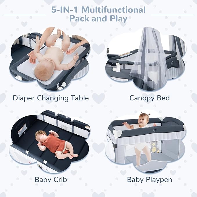 HONEY JOY 4-in-1 Pack and Play with Canopy, Portable Baby Playard w/Changing Table and Infant Bassinet Cute Toys & Music, Foldable Bassinet for Newborn and Toddler(Gray)