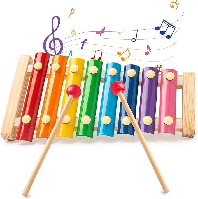 LovesTown Wooden Xylophone Musical Toy, 8 Rainbow Keys, 2 Mallets, Educational Instrument for Toddlers