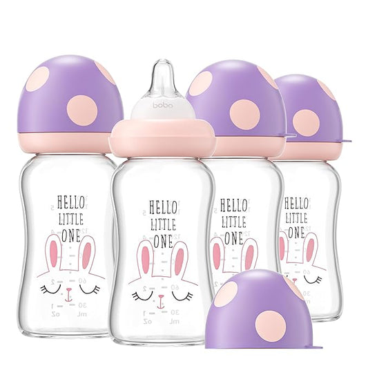 YOHKOH Natural Glass Baby Bottle with Natural Response Nipple, Newborn Anti-Colic Baby Bottles, Wide Neck Mushroom Cap Baby Bottle, Clear ((5.4oz (Pack of 4), Purple)