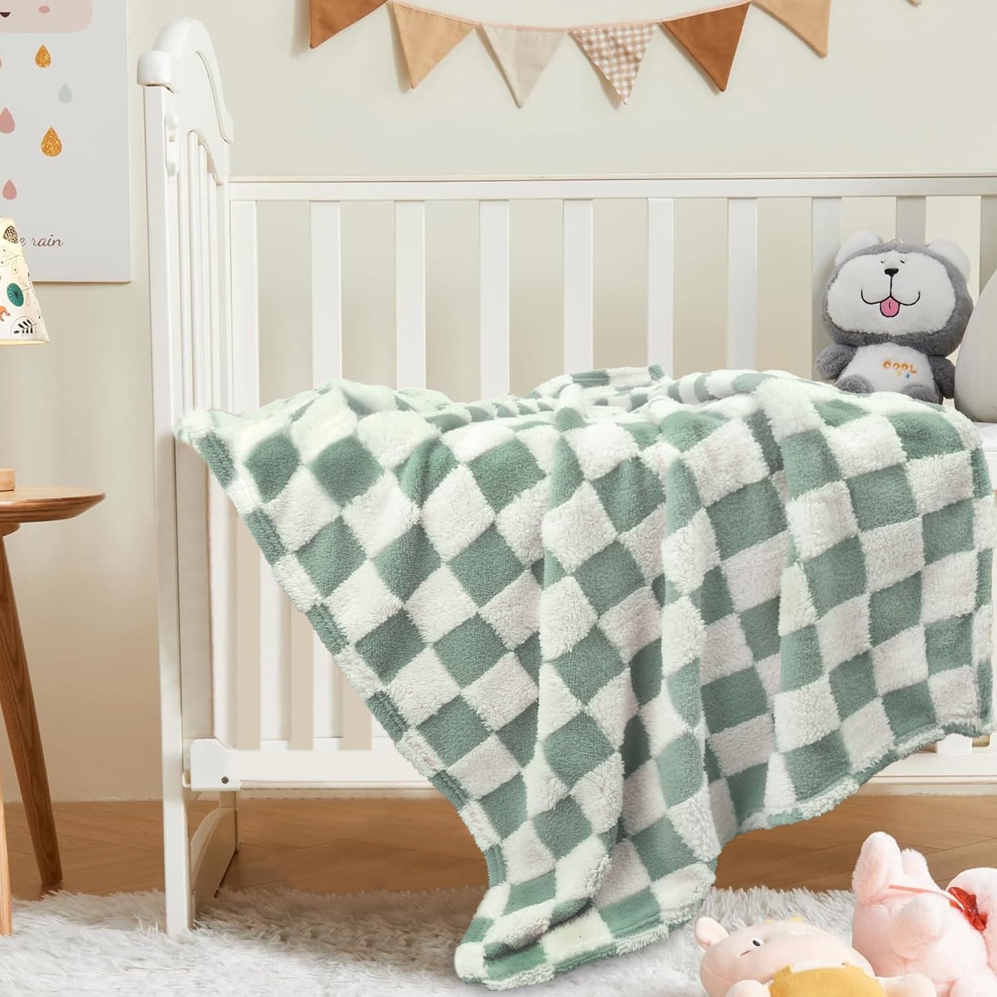 HOMRITAR Checkered Baby Blanket for Boys Sage Green Soft Fluffy Fuzzy Blankets with 3D Chessboard Grid, Warmer Comfort Reversible Lightweight Bed Blanket for Toddlers Infant or Newborn 30 x 40 Inch