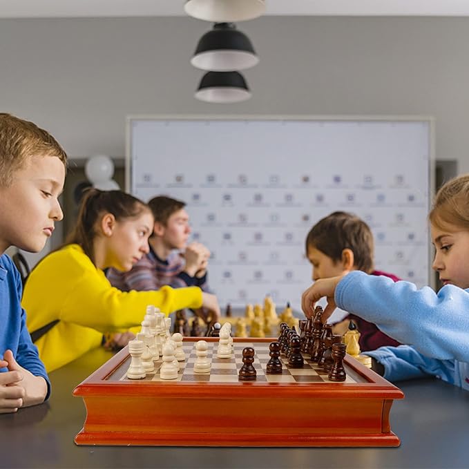 Juegoal 12-Inch Wooden Chess & Checkers Set with Storage Drawer, Portable Board Games for Kids and Adults