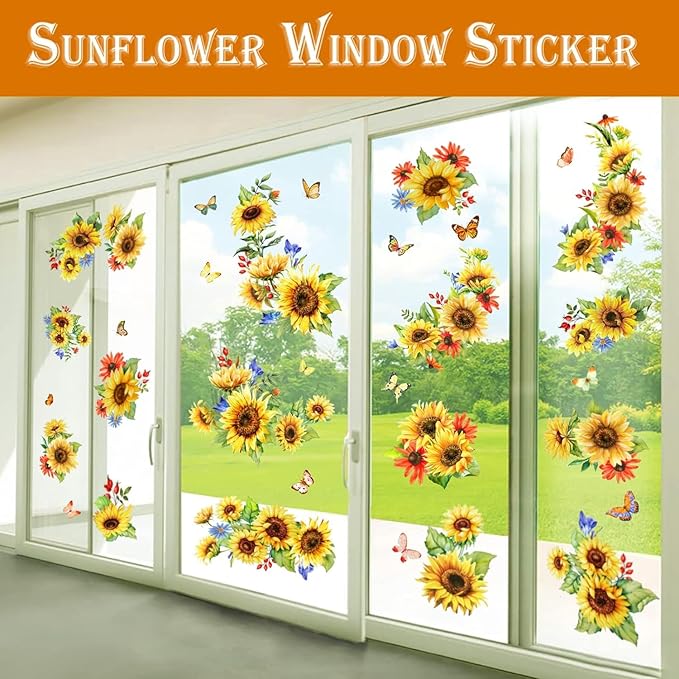 Sunflower Window Clings Spring Decorations Supply Summer Sticker Sunflower Decals Fall Window Decorations Autumn Clings Holiday Birthday Parties Bedroom Nursery Living Room Decor