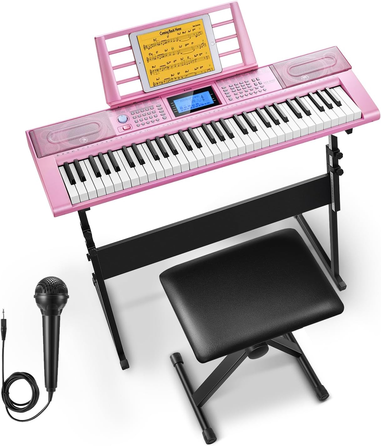 Donner Keyboard Piano 61 Key, Electric Keyboard Kit with 249 Voices, 249 Rhythms - Includes Piano Stand, Stool, Microphone, Gift for Beginners, Pink(DEK-610S)