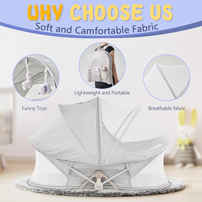 Portable Baby Bassinet Travel Baby Bed included Carry Backpack , Baby Cribs Travel Pod for Outdoors Baby Lounger Infant Travel Bed with Mosquito Net and Sunshade Canopy, Lightweight Washable Foldable