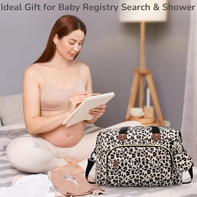 Diaper Bag Tote, Baby Bag Travel Diaper Tote Bag with Pacifier Case, Cute Maternity Hospital Baby Stylish Diaper Tote for Mom Dad Leopard Print