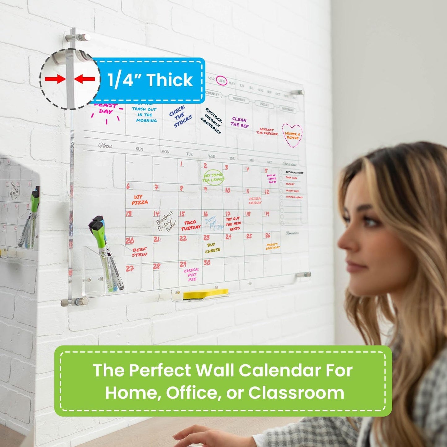 Acrylic Calendar for Wall - 24x18” Wall Calendar, Dry Erase Calender, Clear Calendar for Wall, Includes Magnetic Pen, Tray Holders, 4 Markers and 1 Eraser