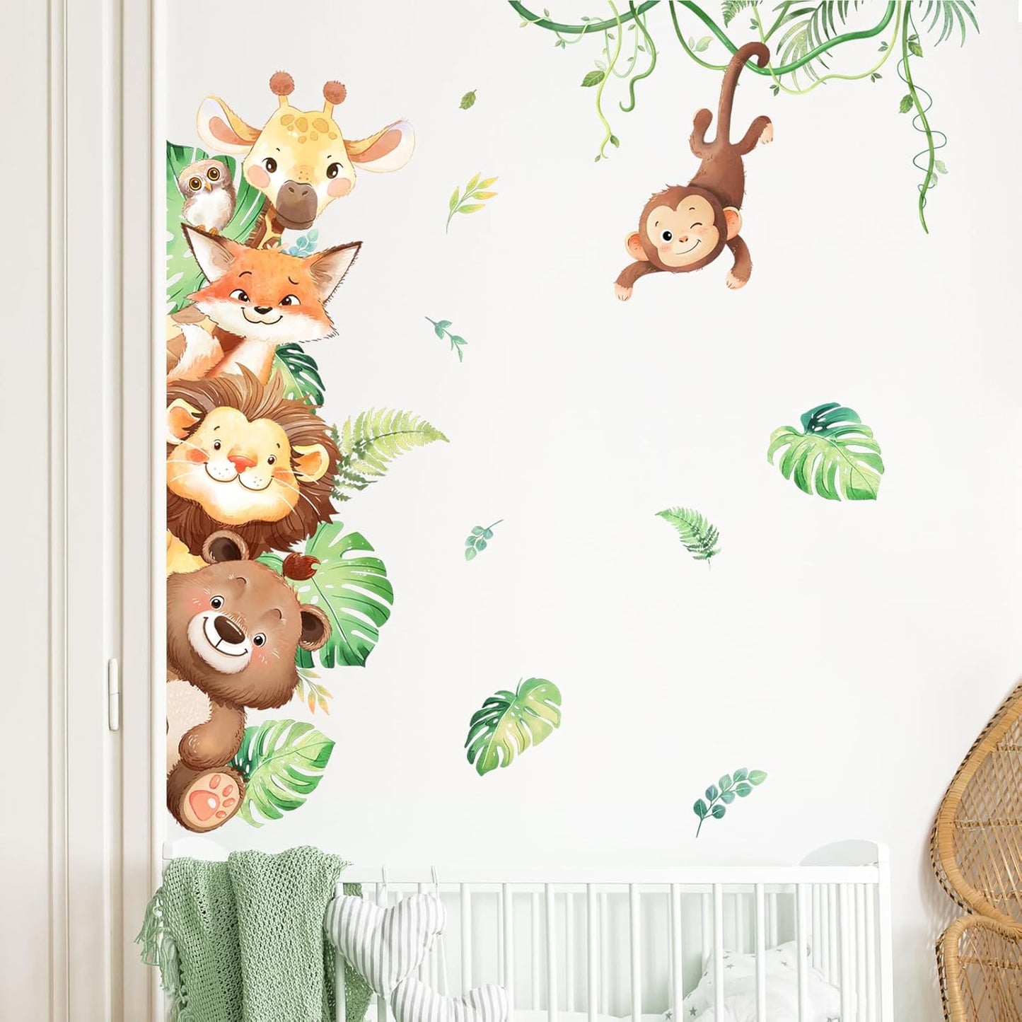 Tanlaby Jungle Animals Wall Stickers Cartoon Safari Animal Wall Decals Fox Bear Lion Monkey Tropical Leaves Art Decor for Baby Nursery Kids Playroom Bedroom