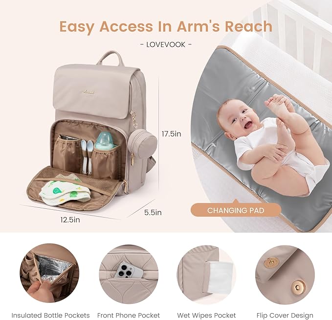 LOVEVOOK Diaper Bag Backpack, Baby Travel Bags for Boys & Girl, Toddler Waterproof Diaper Bag w/Changing Pad (Camel, 15.6''-Small)