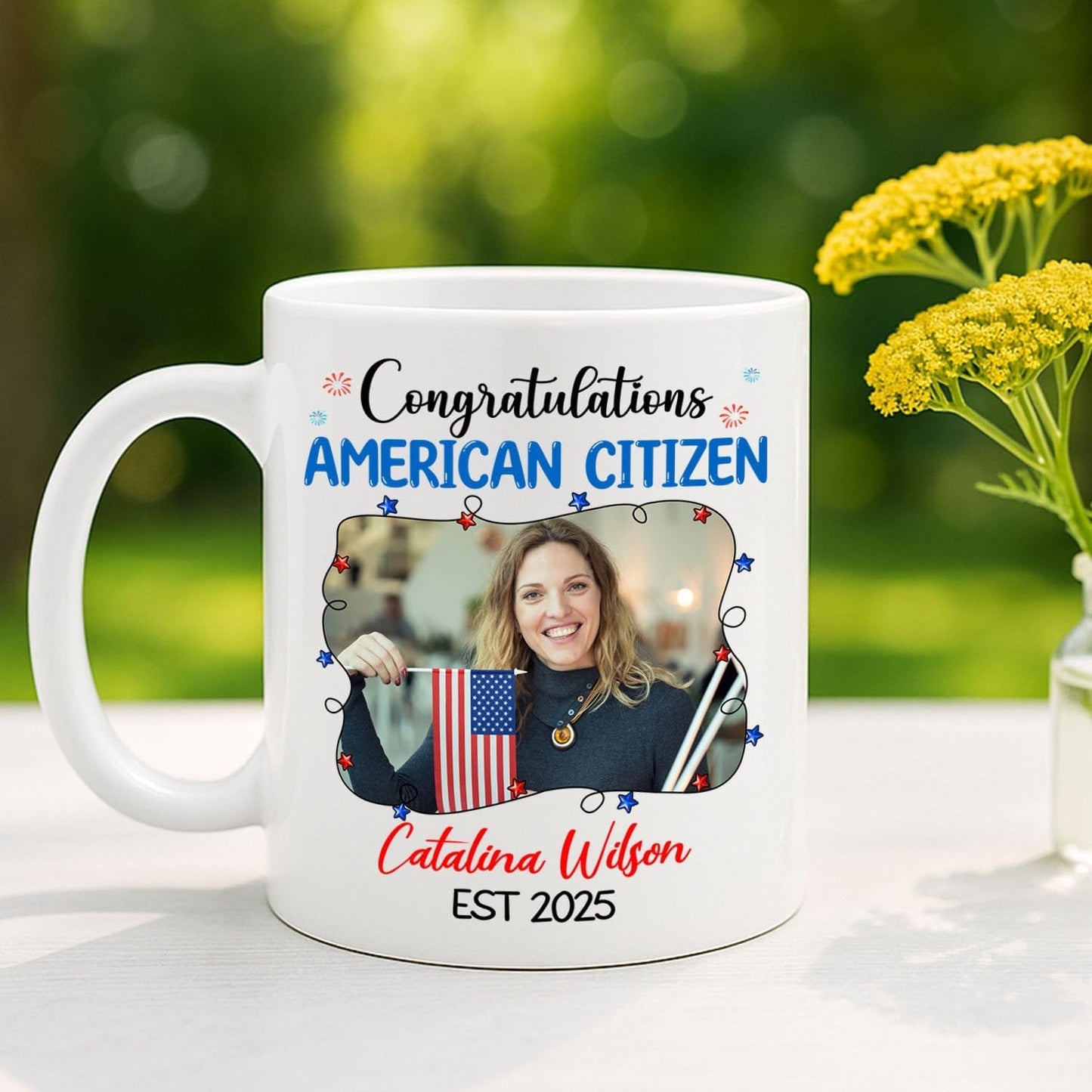Congratulations American Citizen Coffee Mug, Customized Name Photo & Year On Citizenship Celebration White Cup Gift For Family Friend Coworker, Personalized Picture New US Citizen Ceramic Mug 11 15Oz