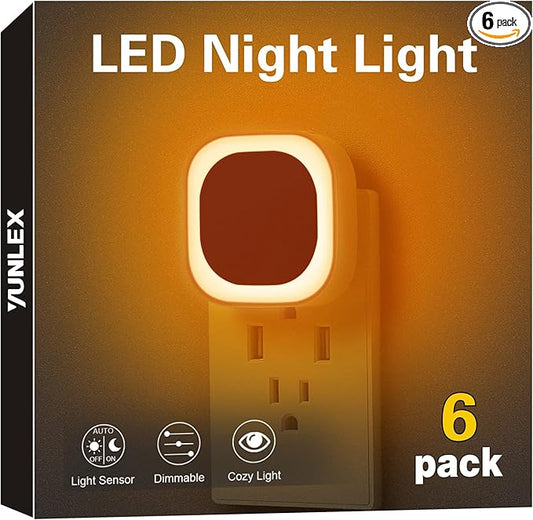 6 Pack Plug in Amber Night Light, Auto Dusk to Dawn, Soft Glow, Dimmable, Diffused Light, LED Lights for Bedroom, Kids, Bathroom, Sleep, Baby Nursery, Toddler, Hallway, Kitchen, Home Decor