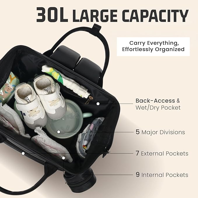 Premium Vegan Leather Diaper Bag Backpack with Waterproof Changing Pad – Reinforced Stitching & Zippers, Baby Bag for Boy Girl, Stroller Straps, Ergonomic Design for Traveling Moms, Black
