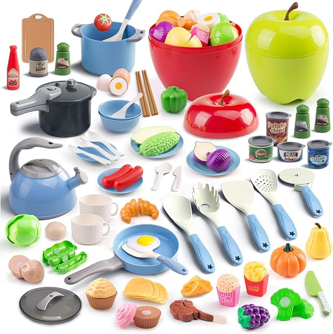 100Pcs Kitchen Playset, Kids Pretend Cooking Play Pots, Pans, Utensils, Cookware, Toy Food Fruits Veggies, with 2 Large Apple - Shaped Storage, Toddler Cooking Learning Gift (Blue