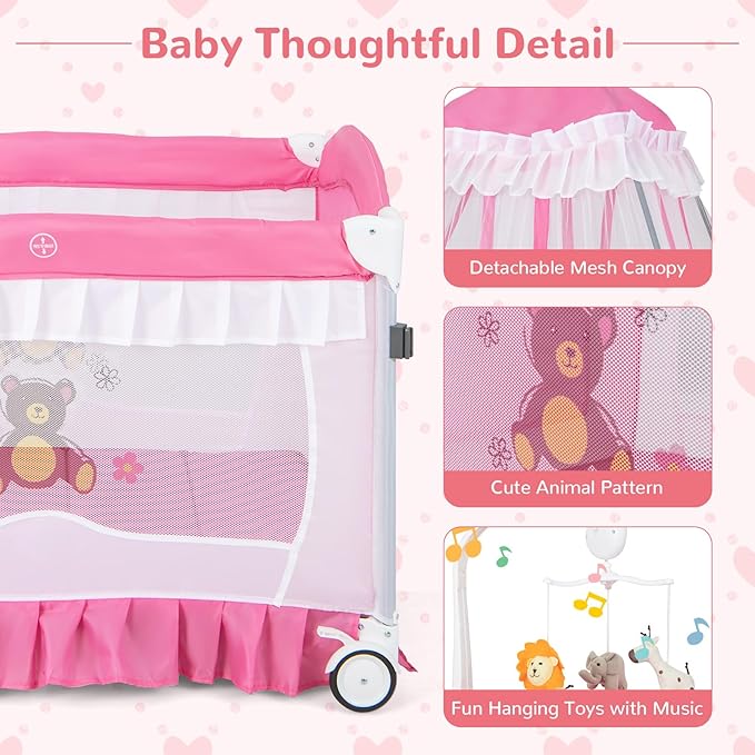 HONEY JOY 4-in-1 Pack and Play with Canopy, Portable Baby Playard w/Changing Table and Infant Bassinet, Cute Toys & Music, Foldable Bassinet for Newborn and Toddler (Hot Pink)