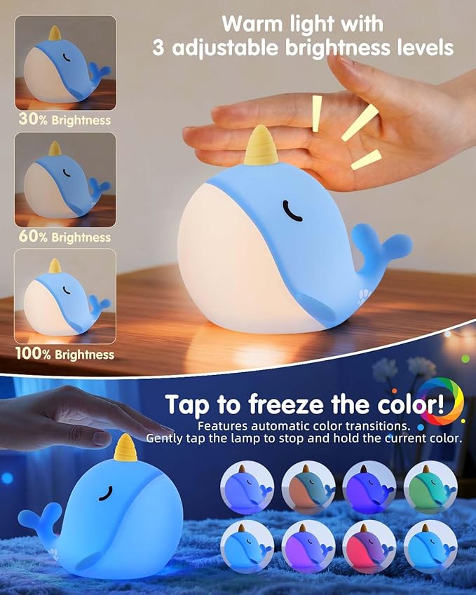 Fuloon Narwhal Night Light with Whale Shape, Squishy Silicone Kids Lamp, Safe & Soothing Touch Control for Kids and Babies, USB-C Rechargeable, 30-Min Auto Timer, Gift Idea (Blue)