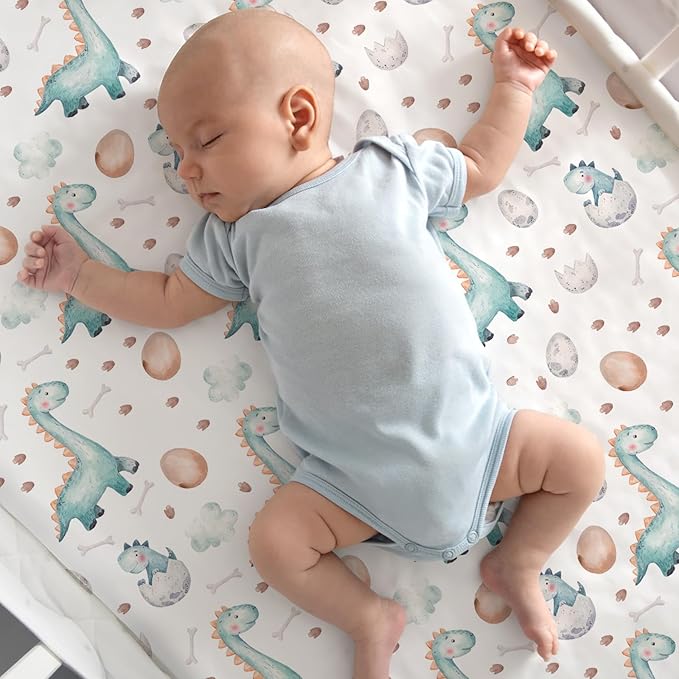 Nap Mat Sheet 47"x24", 3 Pack Dinosaur Baby Crib Sheets Fitted Elastic Corners, Preschool Day Care Rest Mat Cover, Soft Breathable - Compatible with Regalo My Cot, Joovy Travel Cot