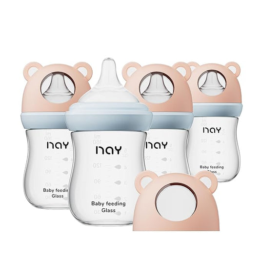 Natural Glass Baby Bottle for Breastfeeding Babies, 5.4oz Anti-Colic Baby Bottle with Natural Response Nipple(S), Clear, Wide Neck, 4 Pack, 1 Months+