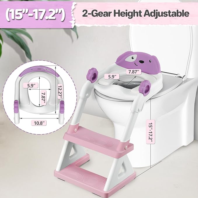 2 In 1 Potty Training Toilet Seat & Toddler Step Stool, Bottom Triangle Stability Toddler Toilet Seat, Adjustable Step & Seat Height Potty Seats for Toddlers Boys Girls (Purple)