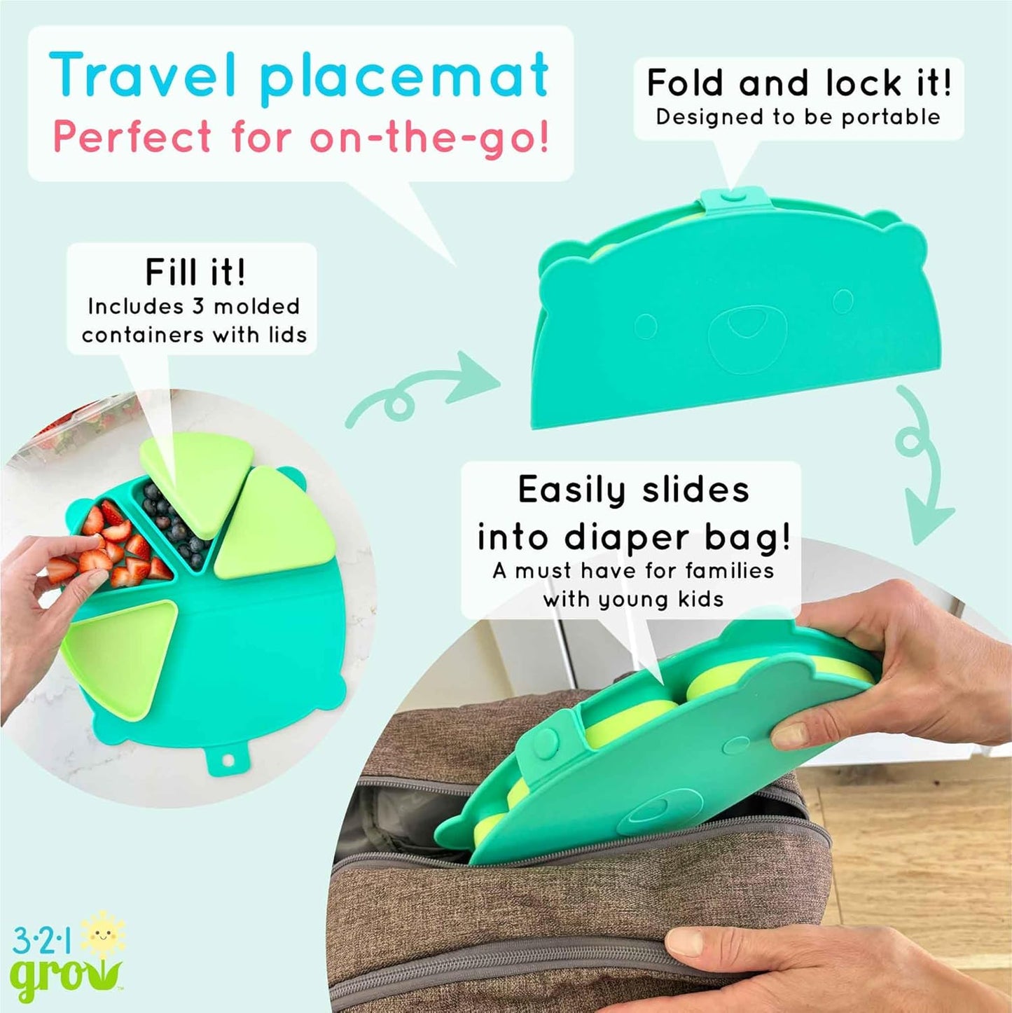 Silicone On-The-Go Snack Mat – Foldable Reusable Placemat with 3 Compartments and Lids – Travel-Friendly Baby and Toddler Snack Plate – Dishwasher Safe (Aqua)
