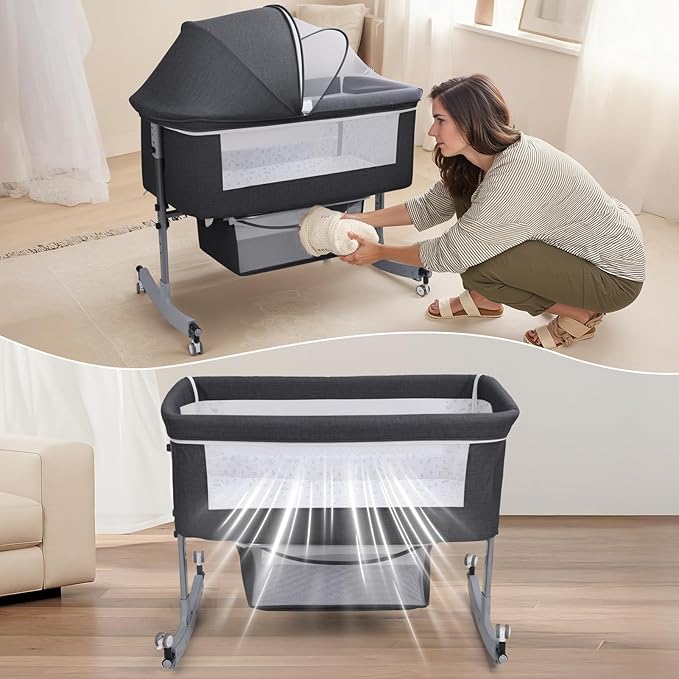 3-in-1 Baby Bassinet Bedside with Storage Basket, Portable Baby Cradle Bassinet with Wheels, Mosquito Net, 6 Levels Height Adjustable (Black)
