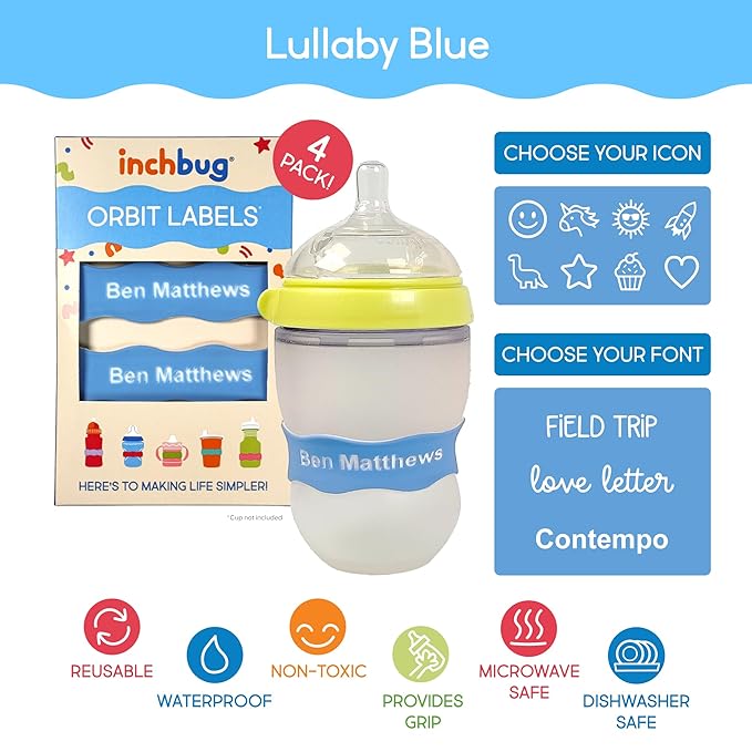 InchBug Orbit Labels - Baby Bottle Name Labels for Daycare, Sippy Cup Bands - Engraved Silicone, Reusable, Dishwasher Safe, White Contrasting Personalization, 4-Pack (Lullaby Blue)