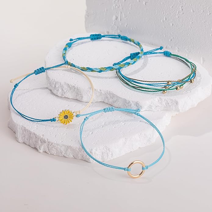 FANCY SHINY Sunflower String Bracelet Boho Braided Rope Wrap Bracelets Cute Summer Beach Surfer Jewelry for Women Christmas Gifts