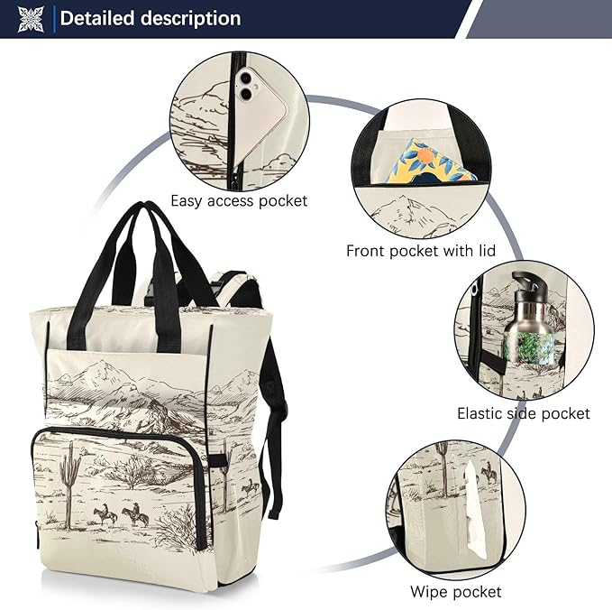 Diaper Bag Backpack West Desert with Cowboys Travel Diaper Bags for Women, 10L Functional Baby Changing Bag with Insulted Pockets, Stroller Straps