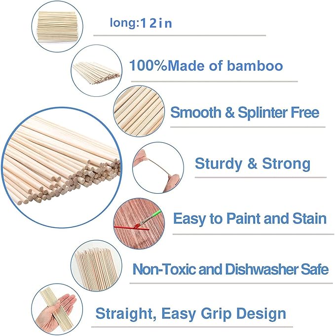 1/2 x 17.5 Inch 10 PCS Dowel Rods Wood Sticks Wooden Dowel Rods - Unfinished Bamboo Sticks - for Crafts and DIYers