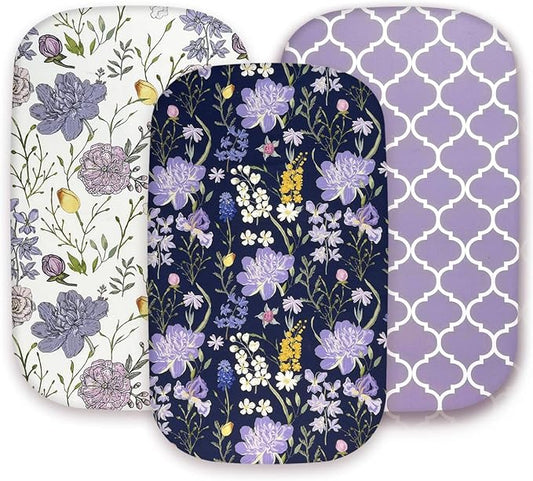 AMROSE 3 Pack Bassinet Sheets 33" x 20" Compatible with Mika Micky, Baby Delight, Dream On Me, AMKE and Other Rectangle Bassinet Mattress, Soft and Skin-Friendly, Violet