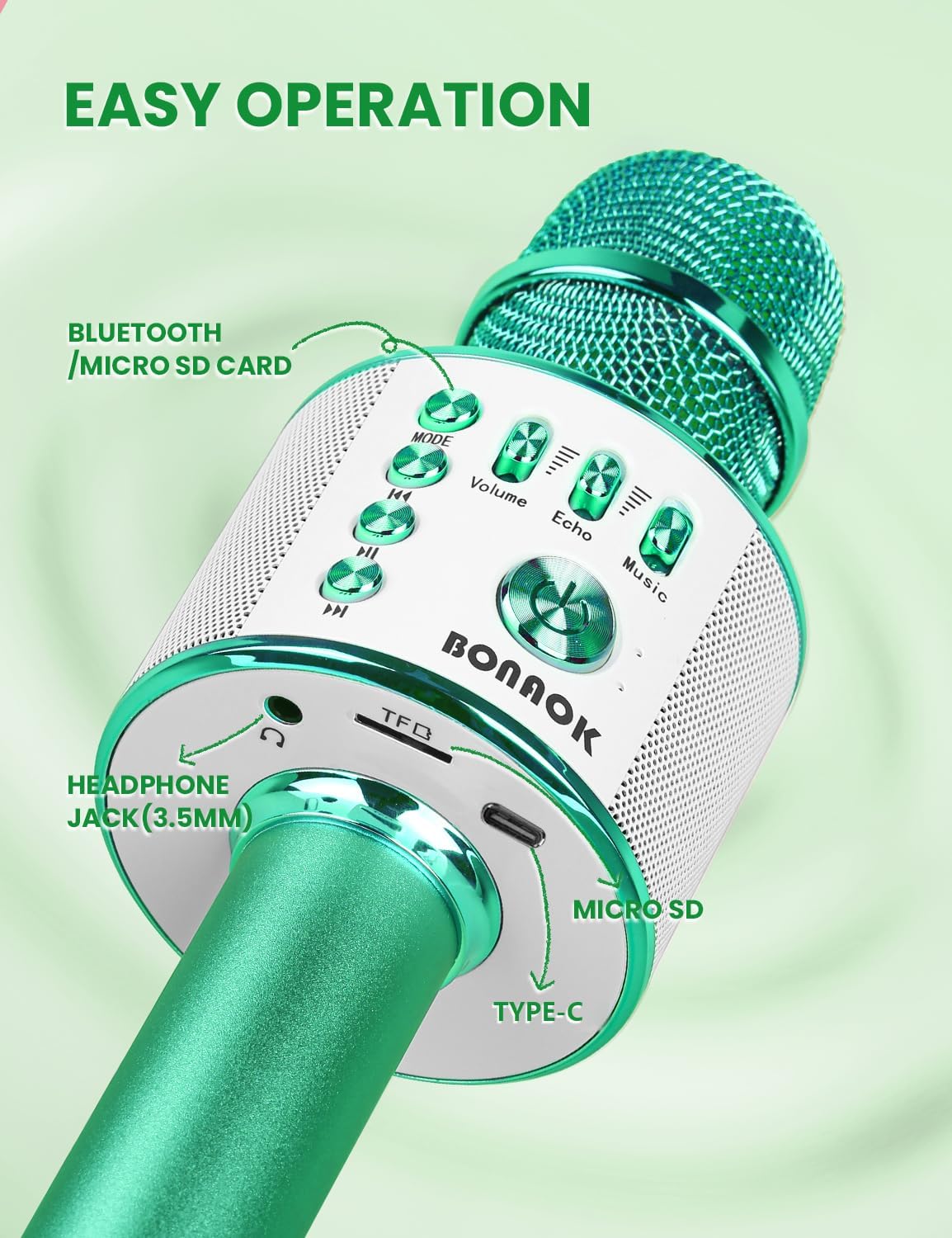BONAOK Wireless Bluetooth Karaoke Microphone, 3-in-1 Portable Handheld Mic Speaker for All Smartphones, Gifts for Boys Kids Adults All Age Q37(Green)