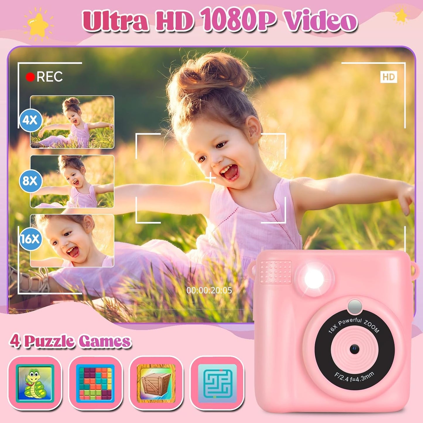 Instant Print Camera for Kids - 2.4 Inch Kids Camera Instant Print with Paper & 32G Card- Digital Children Toys as Christams Birthday Gifts for Girls Boys Age 3-12 - Pink