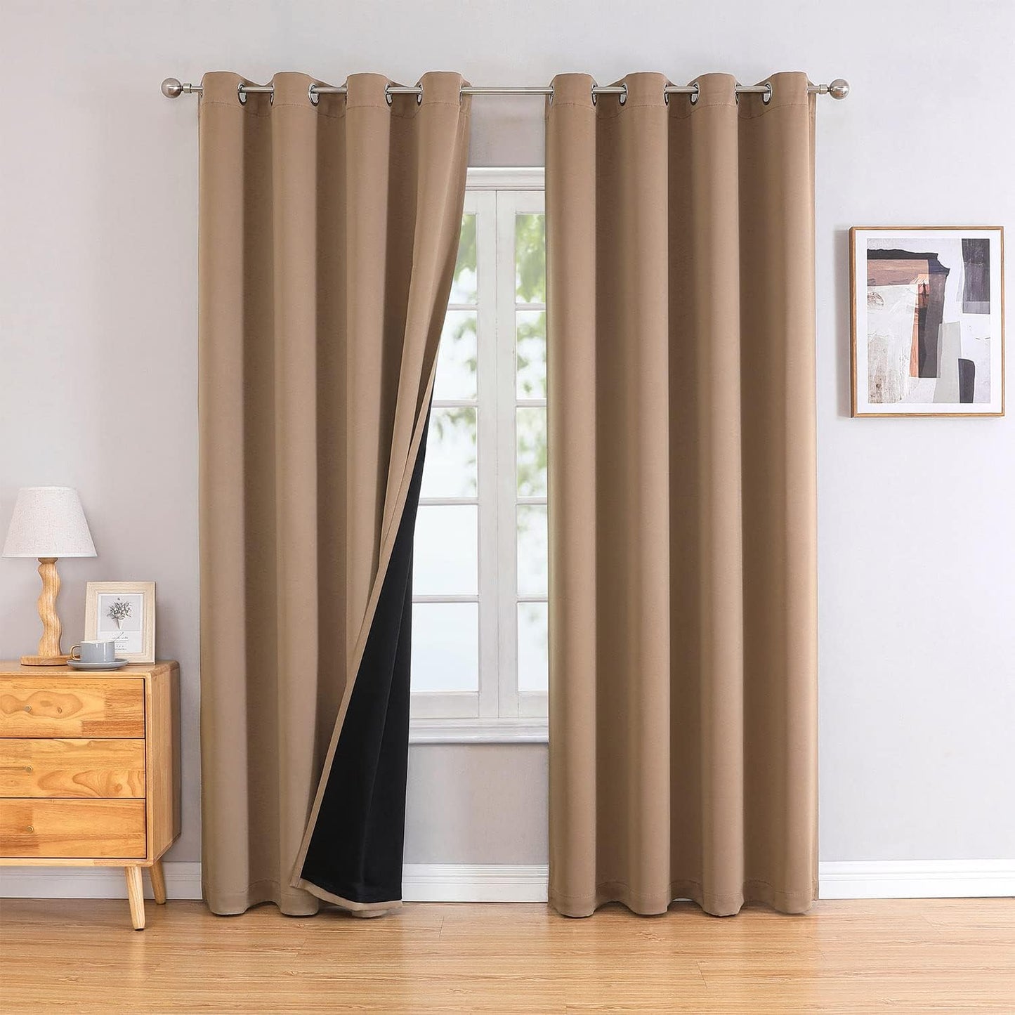 ChrisDowa 100% Blackout Curtains for Bedroom with Black Liner, 2 Thick Layers Total Blackout Thermal Insulated Grommet Long Window Curtains 2 Panels Set (Cappuccino, 52 x 95 Inch)