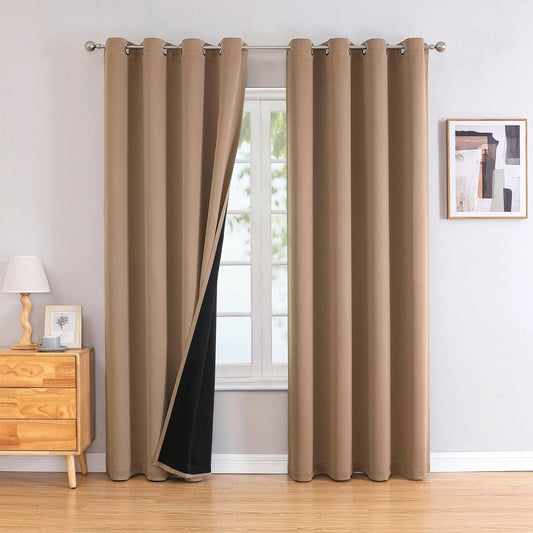 ChrisDowa 100% Blackout Curtains for Bedroom with Black Liner, 2 Thick Layers Total Blackout Thermal Insulated Grommet Long Window Curtains 2 Panels Set (Cappuccino, 52 x 95 Inch)