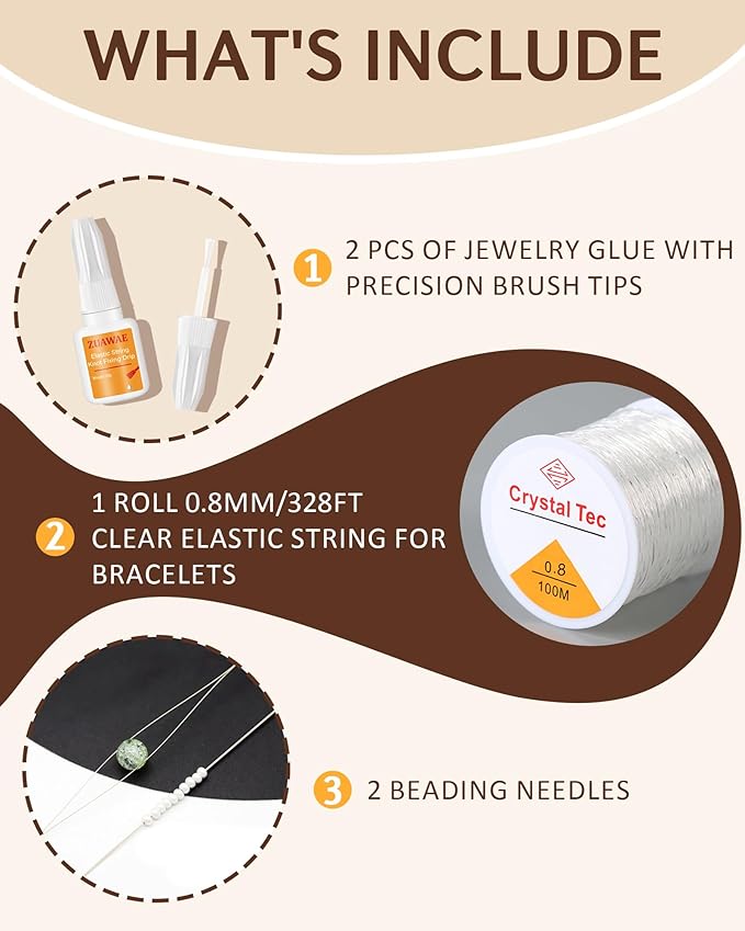ZUAWAE Elastic String for Bracelets Making Kit, 0.8mm Clear Bracelet String, Jewelry Glue for Elastic String to Clay Beads, Jewelry Making Supplies